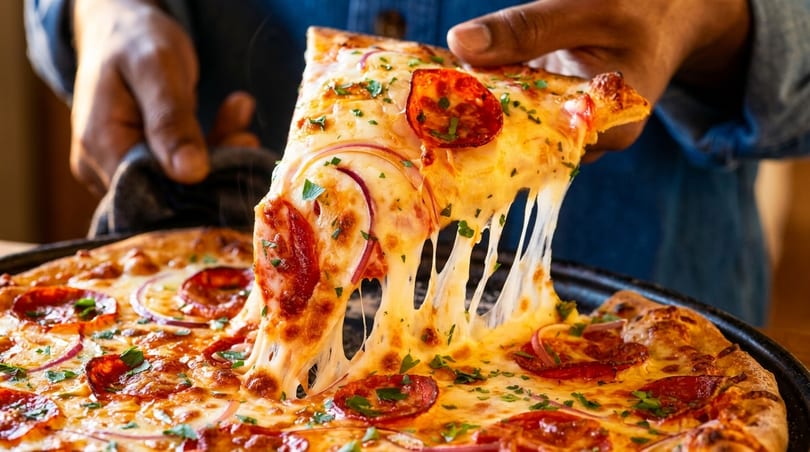 A hand lifts a slice of pepperoni and red onion pizza, with cheese stretching from the pan.