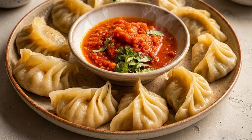 Steaming momos arranged on a plate around a bowl of vibrant red chili sauce garnished with cilantro.